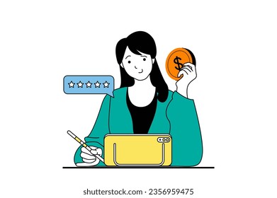 Freelance concept with people scene in flat web design. Woman working online from home, success finishing project and earning money. Vector illustration for social media banner, marketing material.