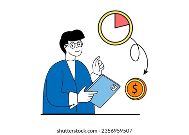 Concepto independiente con escena de personas en diseño web plano. Hombre trabajando en línea desde su oficina y convirtiendo su tiempo en dinero. Ilustración vectorial para banner de medios sociales, material de marketing.