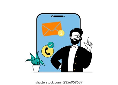 Freelance concept with people scene in flat web design. Man working online and communicating with clients with call or chats in app. Vector illustration for social media banner, marketing material.
