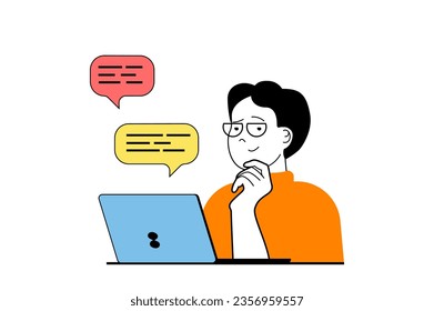 Concepto independiente con escena de personas en diseño web plano. Hombre charlando con el cliente y discutiendo tareas, trabajando en el proyecto en línea. Ilustración vectorial para banner de medios sociales, material de marketing.