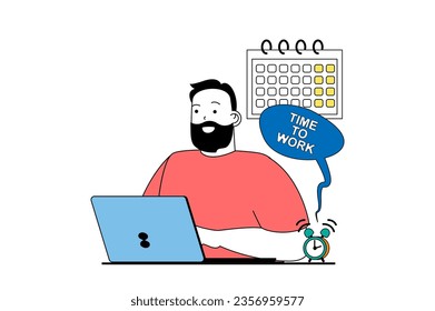 Concepto independiente con escena de personas en diseño web plano. Desarrollar la estrategia y administrar el tiempo utilizando el calendario y el plan de flujo de trabajo. Ilustración vectorial para banner de medios sociales, material de marketing.