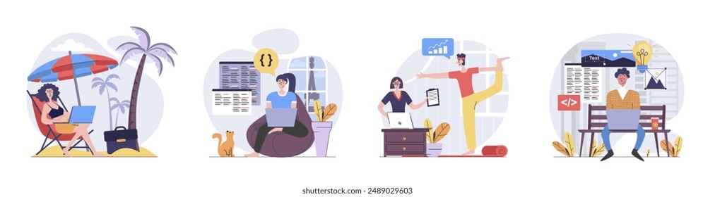 Freelance concept with people scenes set in flat web design. Collection of character situation with freelancers working online while travelling, doing tasks distantly and relax. Vector illustrations.