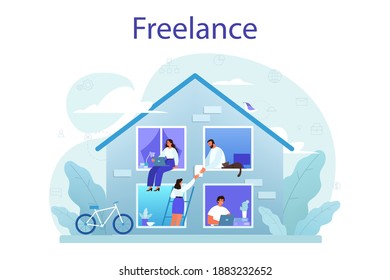 Freelance concept. People working remotely through the internet. Idea of jop independency and free schedule. Time management, work efficiency. Vector flat illustration