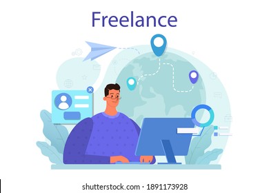 Freelance concept. People working remotely through the internet. Idea of jop independency and free schedule. Time management, work efficiency. Vector flat illustration