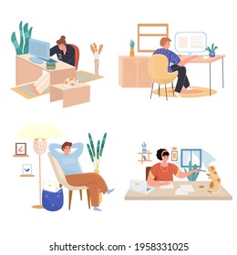 Freelance concept scenes set. Comfortable workplaces. Women and men freelancers work on laptops at home offices. Collection of people activities. Vector illustration of characters in flat design