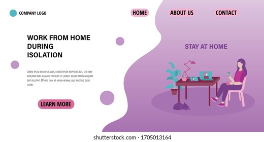 Freelance concept. Stay at home during the coronavirus epidemic. Work at home during isolation. Female employee calling online from home. Vector illustration in flat style