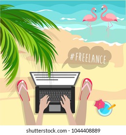Freelance concept. Traveler on sand beach near the sea. Vector illustration. Summer background.