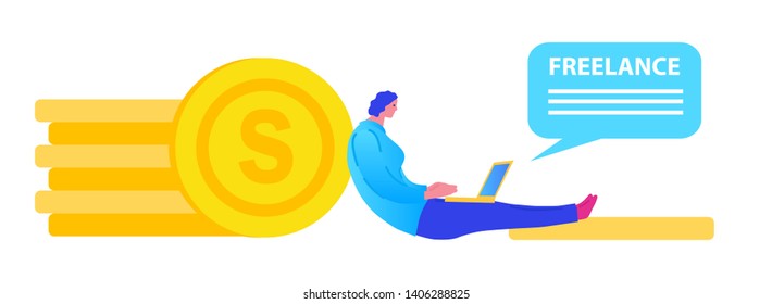 Freelance concept vector illustration in cartoon flat style. Woman working with laptop on background of money. Vector isolated illustration cartoon flat with people. Hero image for website.