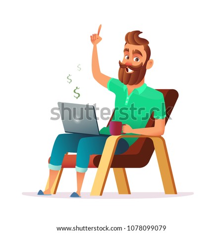  Freelance concept vector illustration in cartoon style. Home office workplace. Hipster bearded freelancer working remotely from his laptop