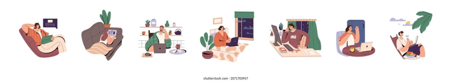 Freelance concept. Workers set with online remote workplaces at home and on beach. Freelancers with laptops, people at desk, in bed, on sofa. Flat vector illustrations isolated on white background