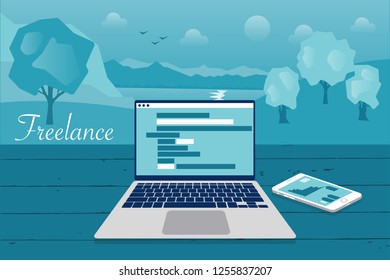 Freelance. Concept of working in nature, outside. Relaxation. Work wherever you want with pleasure. Creating ideas. E-learning, online education. Eps 10 Vector illustration, Minimalist white blue flat