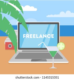 Freelance concept. Working remotely on the laptop computer through the internet. Working while travelling. Summer vacation on the ocean beach. Vector flat illustration