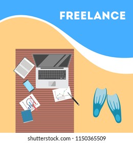 Freelance concept. Working remotely on the laptop computer through the internet. Working while travelling. Summer vacation on the ocean beach. Vector flat illustration