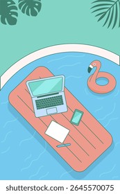 Conceito freelance. Trabalhando remotamente no laptop via Internet. Trabalhando enquanto viaja. Férias de verão na piscina. Ilustração em plano vetorial