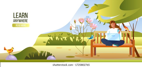 Freelance concept with young girl sitting on the bench in city park with laptop. Banner Learn Anywhere with female student, birds, trees and flowers. Online stock education background in flat style.