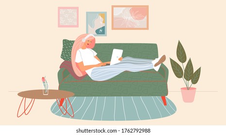 freelance concept.A woman sitting on her sofa and works on a laptop and listens to music on headphones.Stay at home concept.Modern apartment interior design.Frames on a wall and house plant. vector
