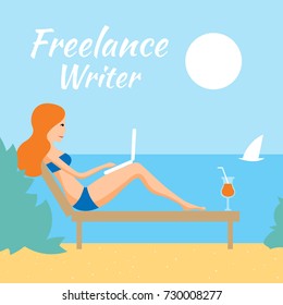 Freelance Content Manager Writer Design Character Girl Working on the Beach Character Vector Art Design Illustration
