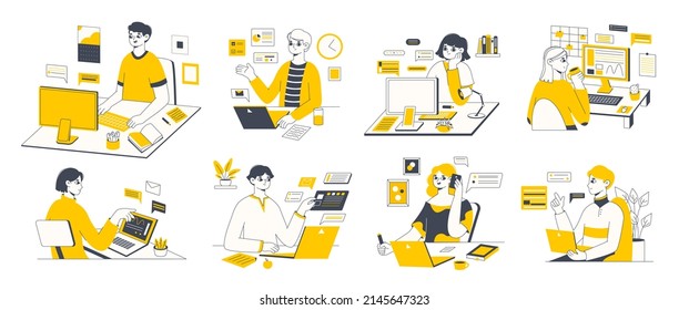 Freelance creative workers, distant freelancers during workflow. Remote office workers, freelancer work with computer vector symbols illustrations set. Freelance busy employees