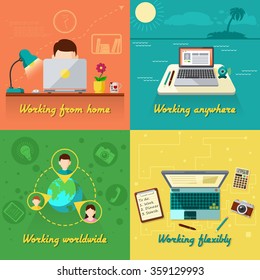 Freelance design concept set with working from home flat icons isolated vector illustration