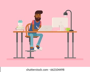 Freelance designer, CG artist character in flat style, sitting and drawing, working. Detailed workspace with desktop, digital tablet, computer, plant and lamp.