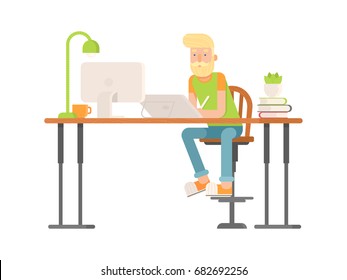 Freelance designer, CG artist character in flat style, sitting and drawing, working. Detailed workspace with desktop, digital tablet, computer, plant and lamp.