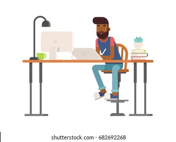 Freelance designer, CG artist character in flat style, sitting and drawing, working. Detailed workspace with desktop, digital tablet, computer, plant and lamp.