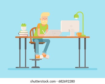 Freelance designer, CG artist character in flat style, sitting and drawing, working. Detailed workspace with desktop, digital tablet, computer, plant and lamp.