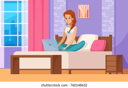 Freelance Designer Composition With Laptop Bed And Room Flat Vector Illustration 