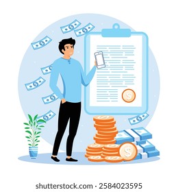 Freelance designer. Confident busy male freelancer in trendy style doing remote work in comfortable workspace. Flat vector modern illustration 