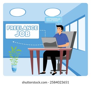 Freelance designer. Confident busy male freelancer in trendy style doing remote work in comfortable workspace. Flat vector modern illustration 