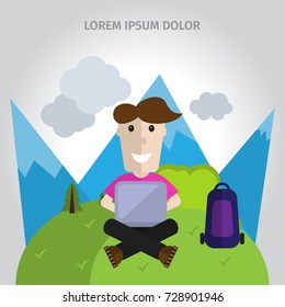 Freelance designer or writer concept. Mobile freelancer working on his laptop. Vector flat style.