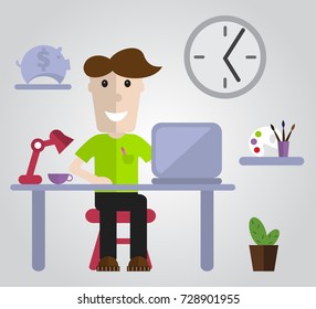 Freelance designer or writer concept. Mobile freelancer working on his laptop. Vector flat style.