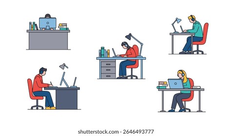 Designers freelance criando gráficos vetoriais trabalhando na mesa no escritório em casa cartoon