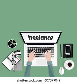 Freelance. Desktop with isolated laptop, notebooks, coffee, glasses, credit card and freelancer's hands typing. Top view. Vector flat illustration.