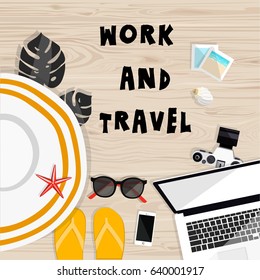 freelance desktop, work and travel concept,  background flat lay.  sunglasses hat shoes laptop phone on  wooden table. planning summer holiday. Vector illustration.