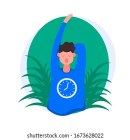 Freelance developer. Beginning or end of the working day. Front view. Color vector flat cartoon illustration. Concept of time management