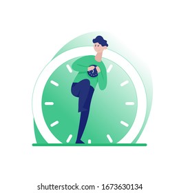 Freelance developer holding a watch against the background of the clock. Front view. Color vector flat cartoon illustration. Concept of time management