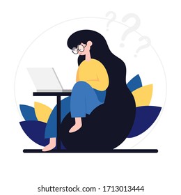 Freelance developer looking at the laptop. Color flat vector cartoon illustration. For online communication and virtual work meeting. Stay home