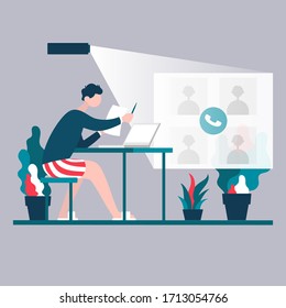 Freelance developer looking at the laptop and talking with colleagues in video conference. Color vector cartoon illustration. For online communication and virtual work meeting. Stay home
