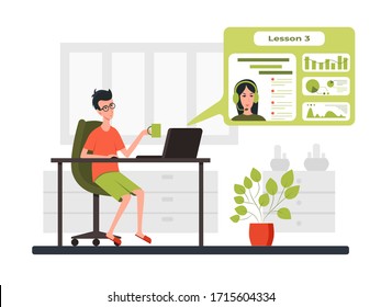 Freelance developer looking at the laptop and talking with teacher in video conference. Color vector cartoon illustration. For online communication and virtual work meeting. Stay home.