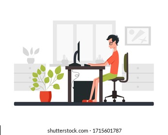 Freelance developer looking at the monitor and typing on the keyboard. Side view. Color vector cartoon illustration. For online communication and virtual work meeting. Stay home.