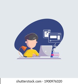 Freelance Developer Programmer Designer Writer Illustrator Student. A man using computer with book and a glass of coffee in the night. Flat design illustration.