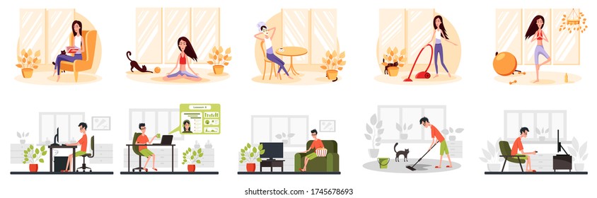 Freelance developer quarantined at home. Color vector cartoon illustration.