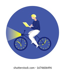 Freelance developer rides a bicycle and work on a laptop. Side view. Color vector flat cartoon illustration. Clock wheel. Concept of time management