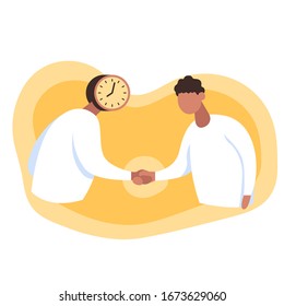 Freelance developer shaking hand to time manager. Side view. Color vector flat cartoon illustration. Clock background. Concept of time management