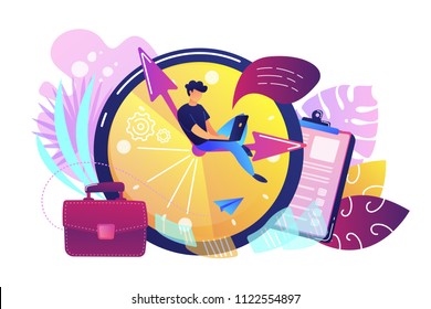 A freelance developer sitting on the clock hands with a laptop. Time management, productivity, efficiency, work rate, perfomance concept, violet palette. Vector illustration on white background.