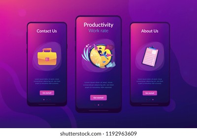 A freelance developer sitting on the clock hands with a laptop. Time management, productivity, efficiency, work rate, perfomance concept, violet palette. Mobile UI UX app interface template.