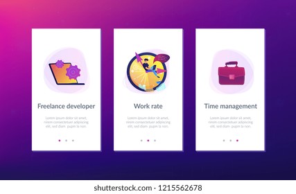 A freelance developer sitting on the clock hands with a laptop. Time management, productivity, efficiency, work rate, perfomance concept, violet palette. Mobile UI UX app interface template.