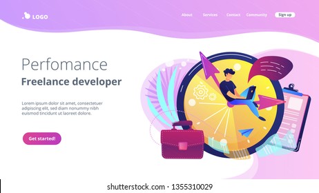 A freelance developer sitting on the clock hands with a laptop. Time management, productivity, efficiency, work rate, perfomance concept, violet palette. Website landing web page template.