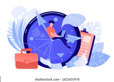 A freelance developer sitting on the clock hands with a laptop. Time management, productivity, efficiency, work rate, perfomance concept, pinkish coral blue palette. Vector illustration on white